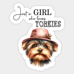 Just a Girl Who Loves Yorkies cute Yorkie dog with hat watercolor art Sticker